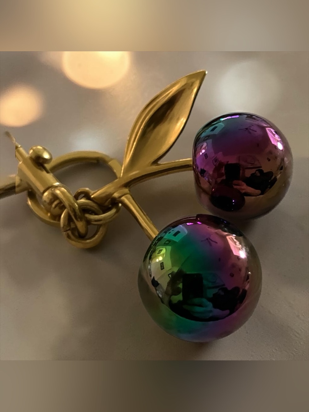 Gold Cherry Keychain with Iridescent Green-Purple Cherries - Picture 2 of 4